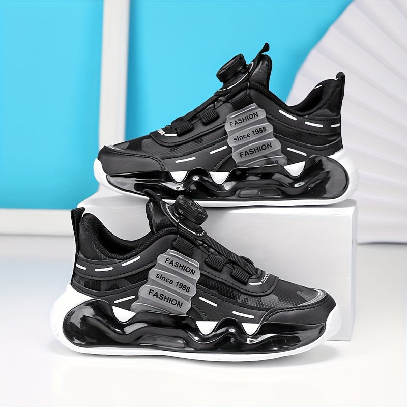 Stylish solid color boys' basketball sneakers with rotating buckle, breathable lining, and EVA sole for running and sports.