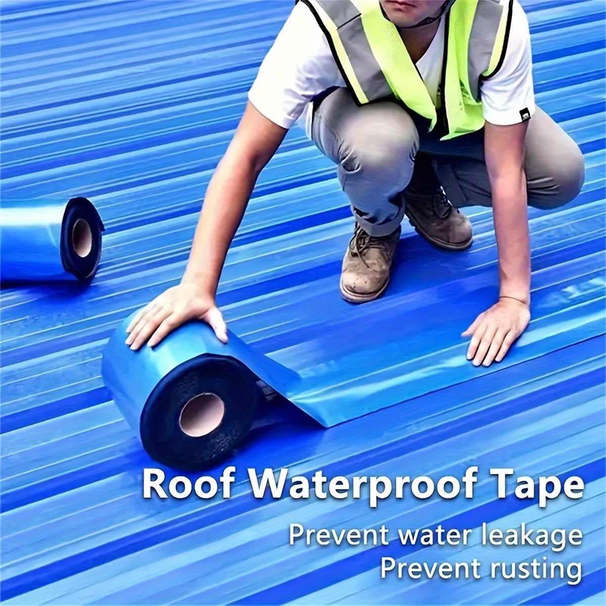 Durable waterproof tape for industrial metal roofs, 20cm x 500cm, for corrugated and flat roofs, with leak-proof sealing strip for heat insulation and cooling.