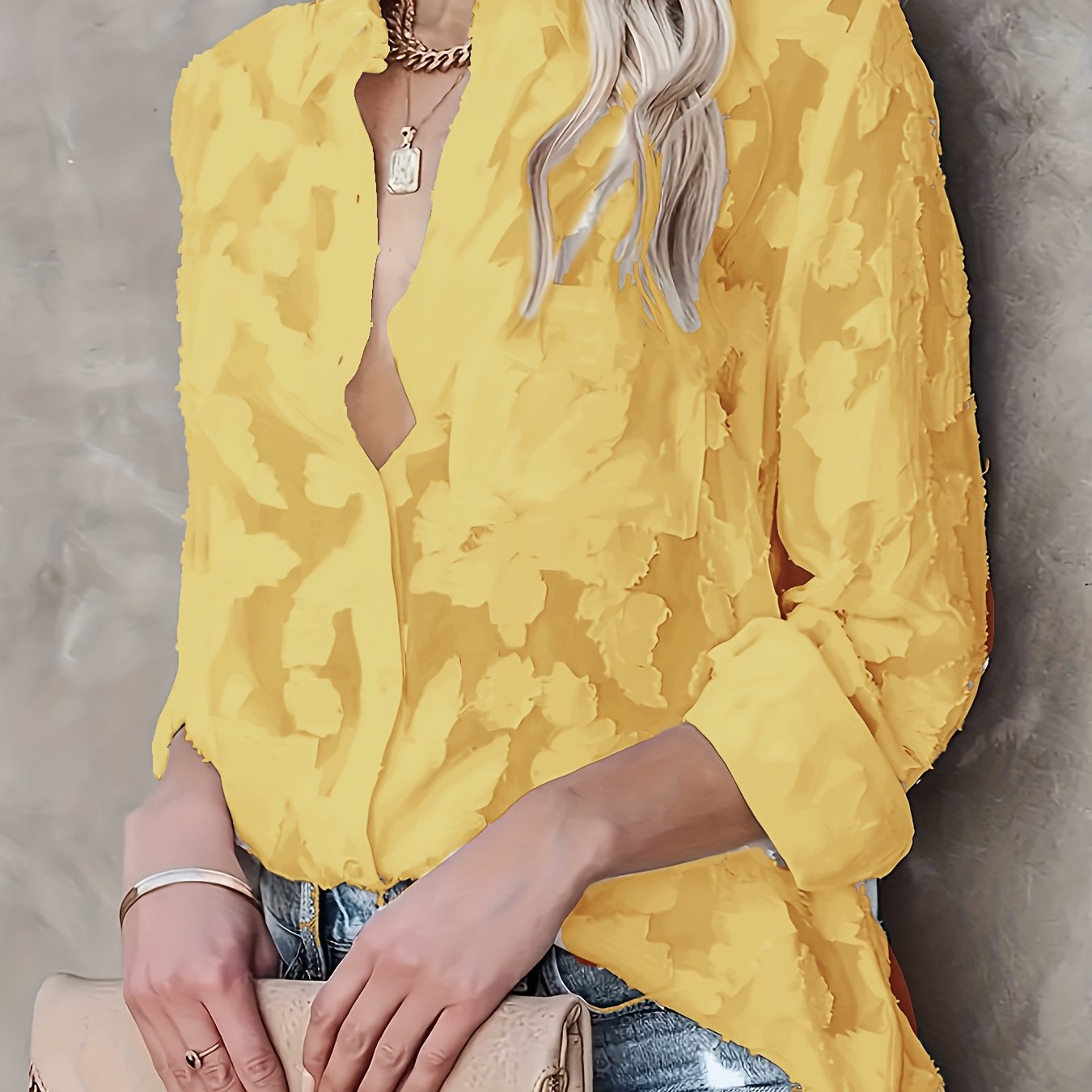 Jacquard sheer loose blouse with long sleeves, perfect for spring and fall.