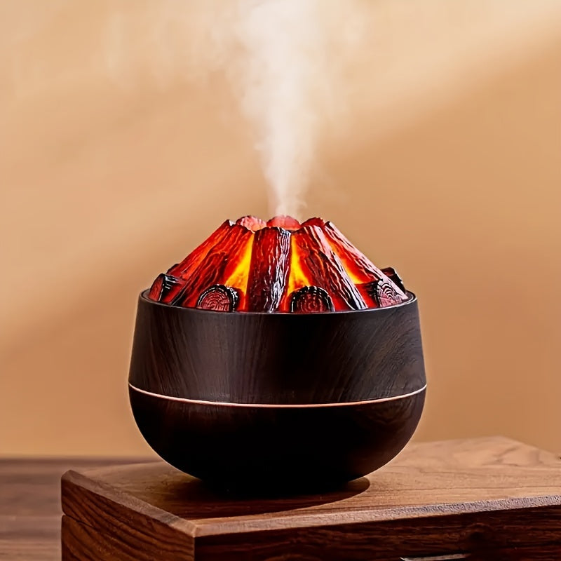 Innovative charcoal-powered humidifier with large mist output and aromatherapy function. USB powered with wooden base and flame effect, perfect for any room type. (Battery not included)