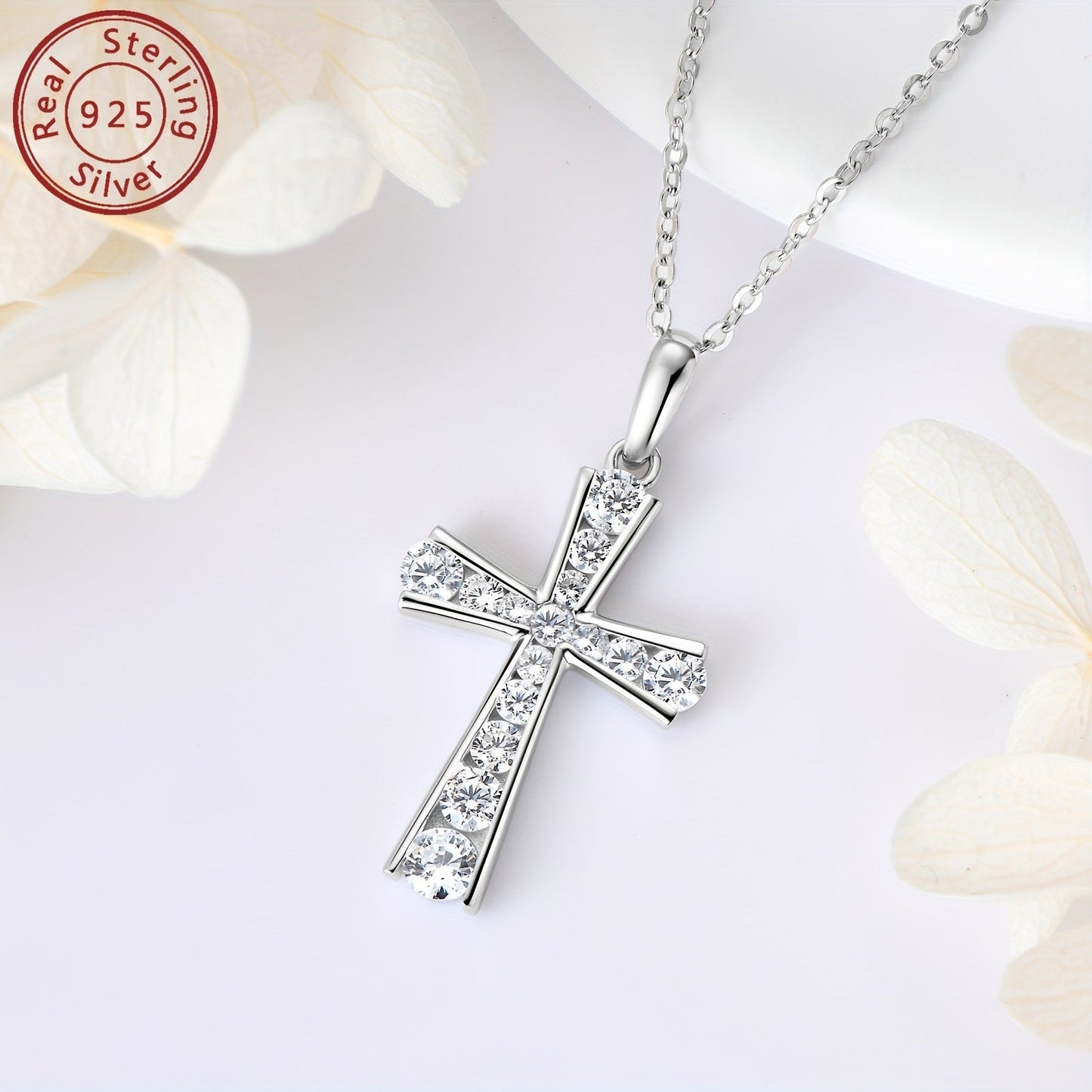 Elegant Sterling Silver Cross Pendant Necklace adorned with Synthetic zirconia Stones - Ideal for Daily Wear and Holiday Celebrations