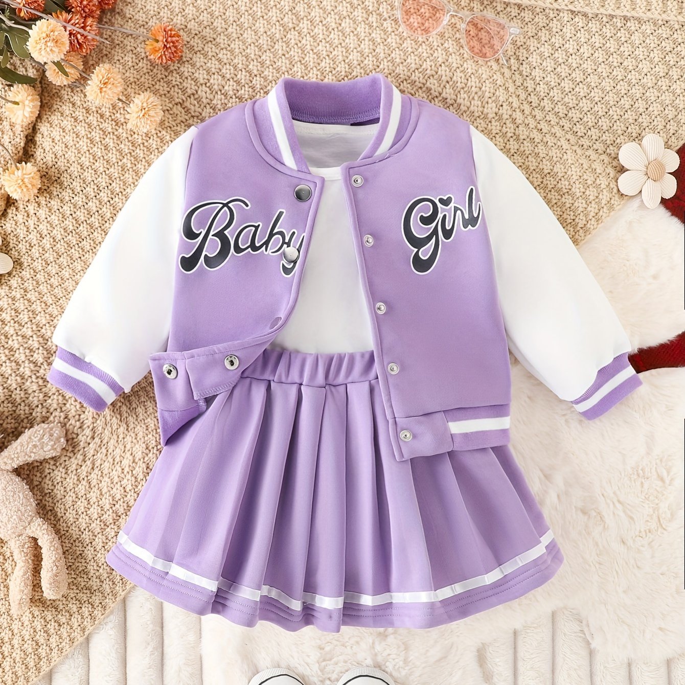 Preppy Style 2-piece BABY GIRL Print Baseball Jacket and Pleated Skirt Set for Parties and Sports, a perfect gift idea.