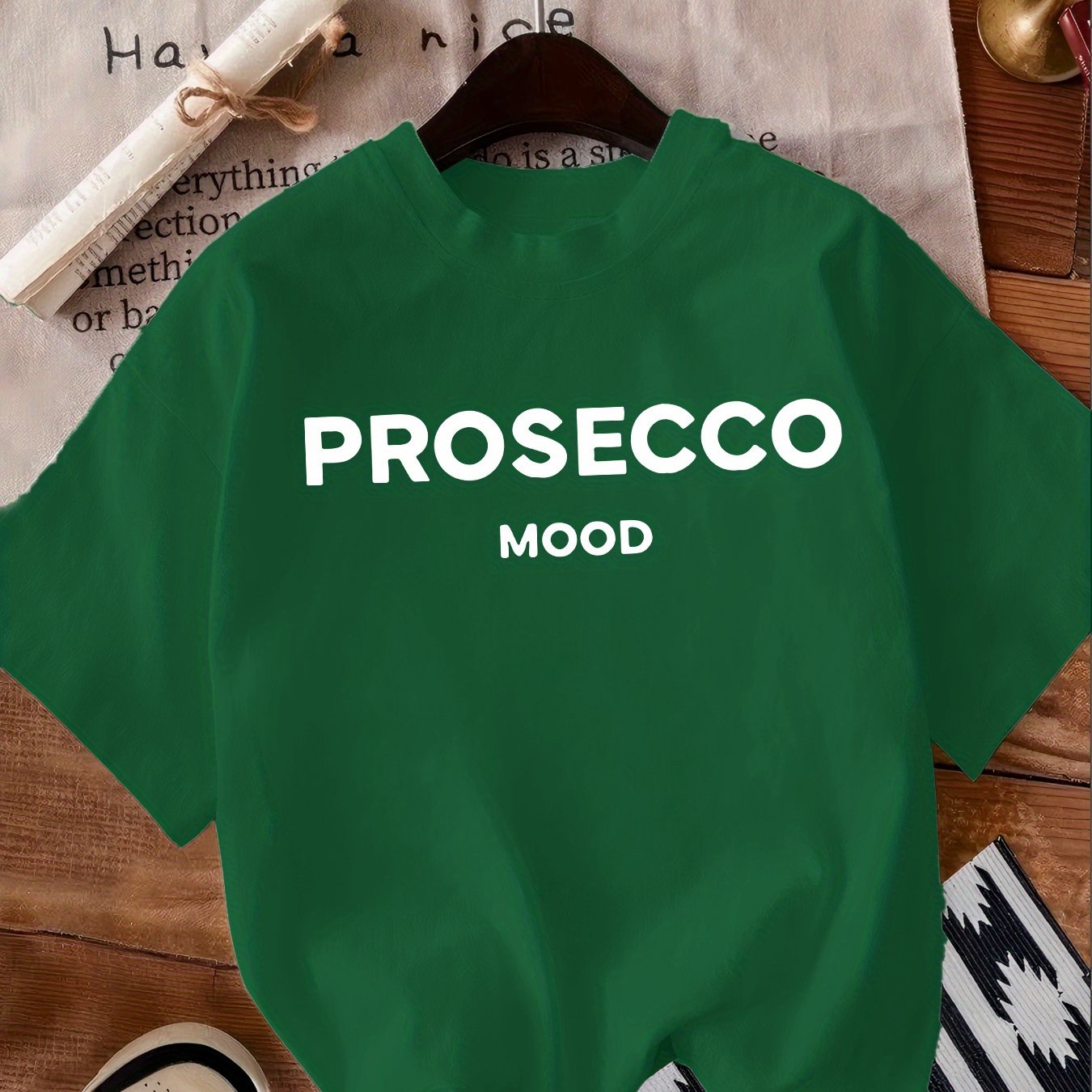 PROSECCO MOOD Ayollar uchun Crew Neck T-shirt, Polyester, Alfavit naqshi, Oddiy uzunlik, Tasodifiy uslub, Barcha mavsumlar