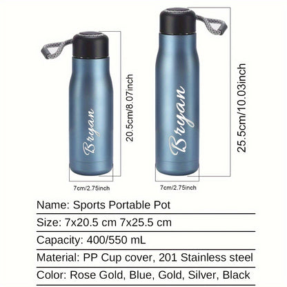 Personalized thermos bottle with laser-engraved text on stainless steel featuring rope design.