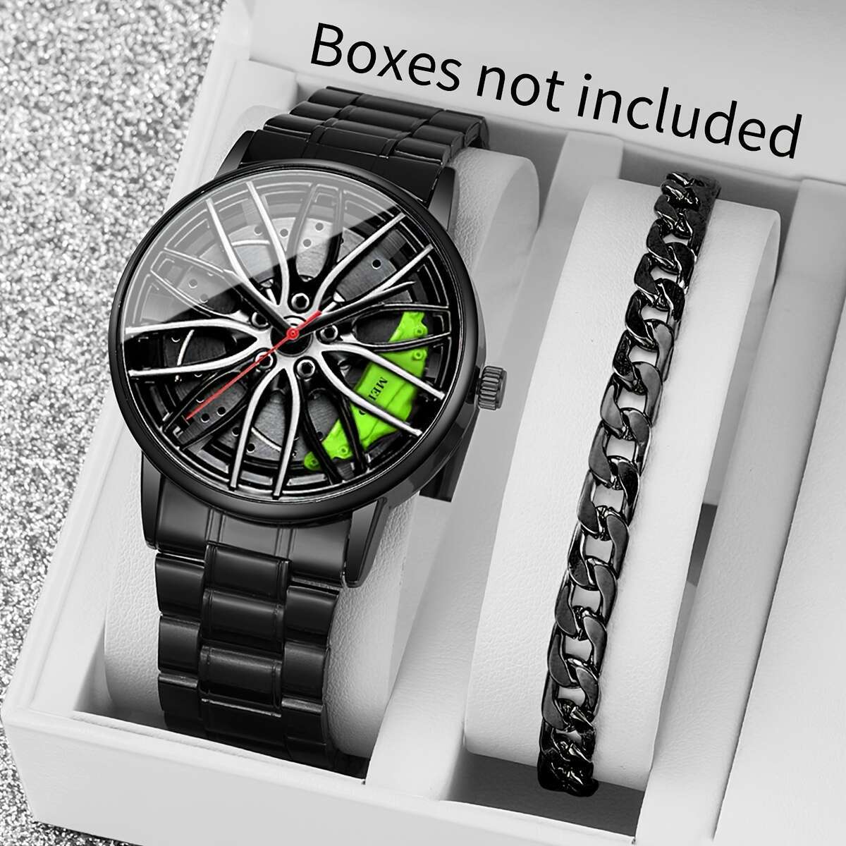 Men's trendy quartz watch with large dial and matching chain bracelet set. Made of zinc alloy with a non-rechargeable battery and wheel hub. Comes in a 2-piece set without a watch box.