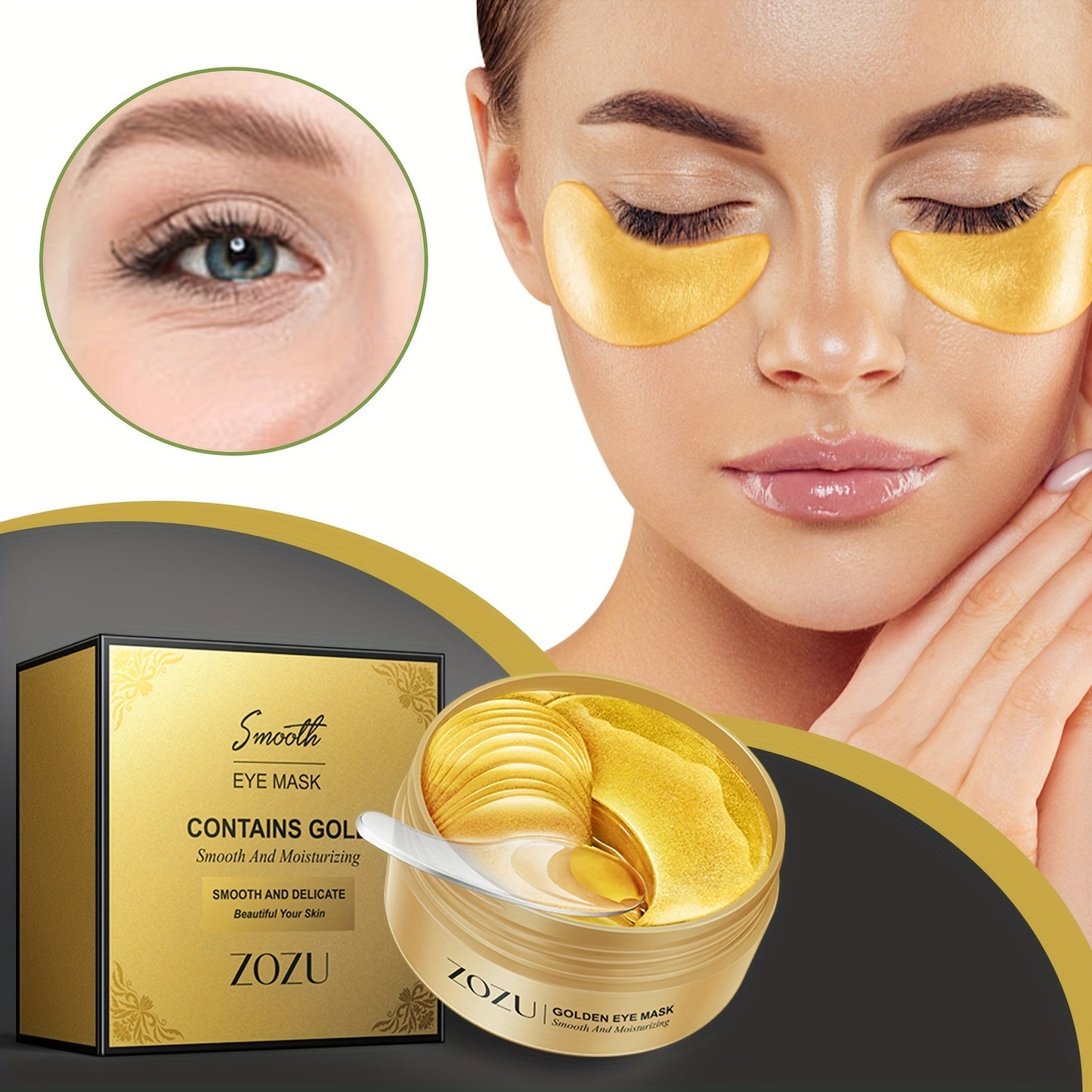 Moisturizing and lifting eye masks with avocado and golden patches for firming and tightening under eye skin.