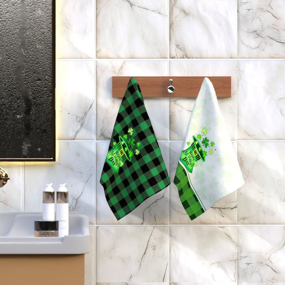 Two pieces of ultra-soft St. Patrick's Day tea towels measuring 45.72x66.04cm. These quick-dry, highly absorbent polyester dish towels feature a charming leprechaun hat and shamrock design, making them ideal for both home use and gifting. Add a festive