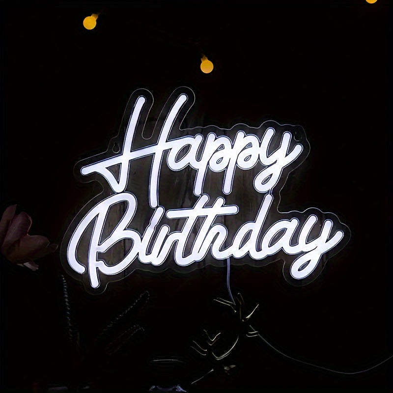 Neon "Happy Birthday" sign in vibrant blue, USB-powered, wall-mountable for festive room decor and celebrations.