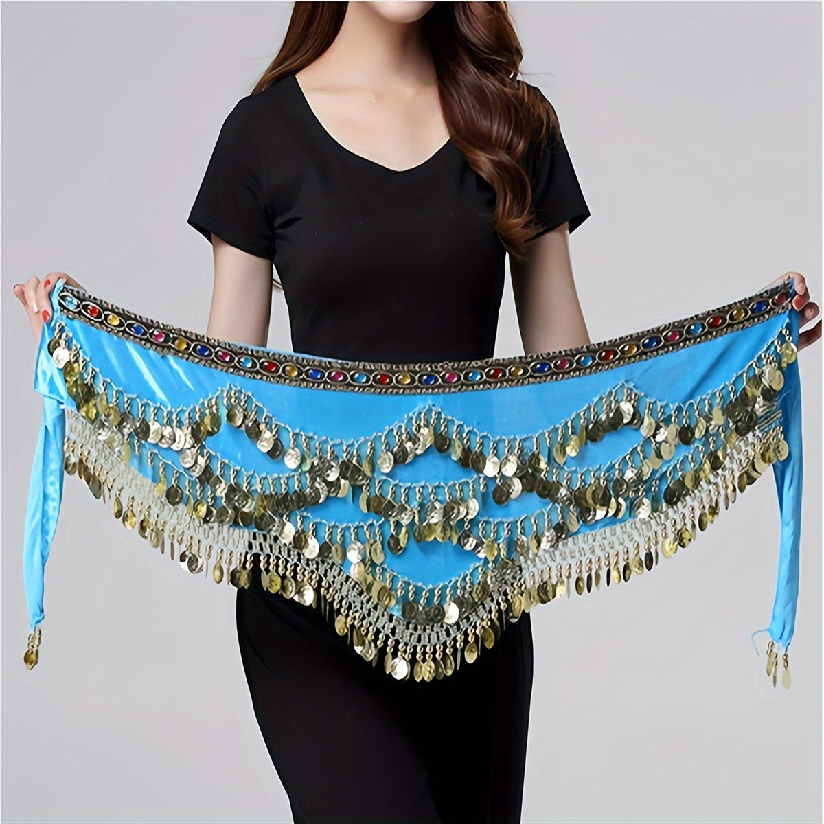 1 piece belly dance hip towel with sequin decoration for dance performances.