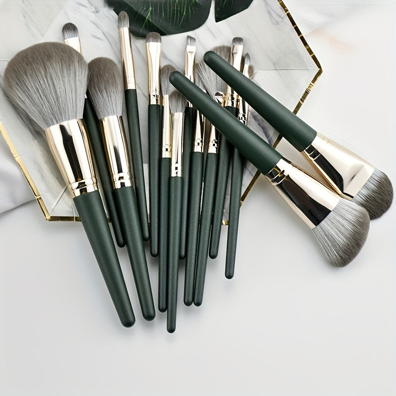 14-piece luxurious green brush set for full face and eye detailing, perfect for foundation, contouring, and blending.