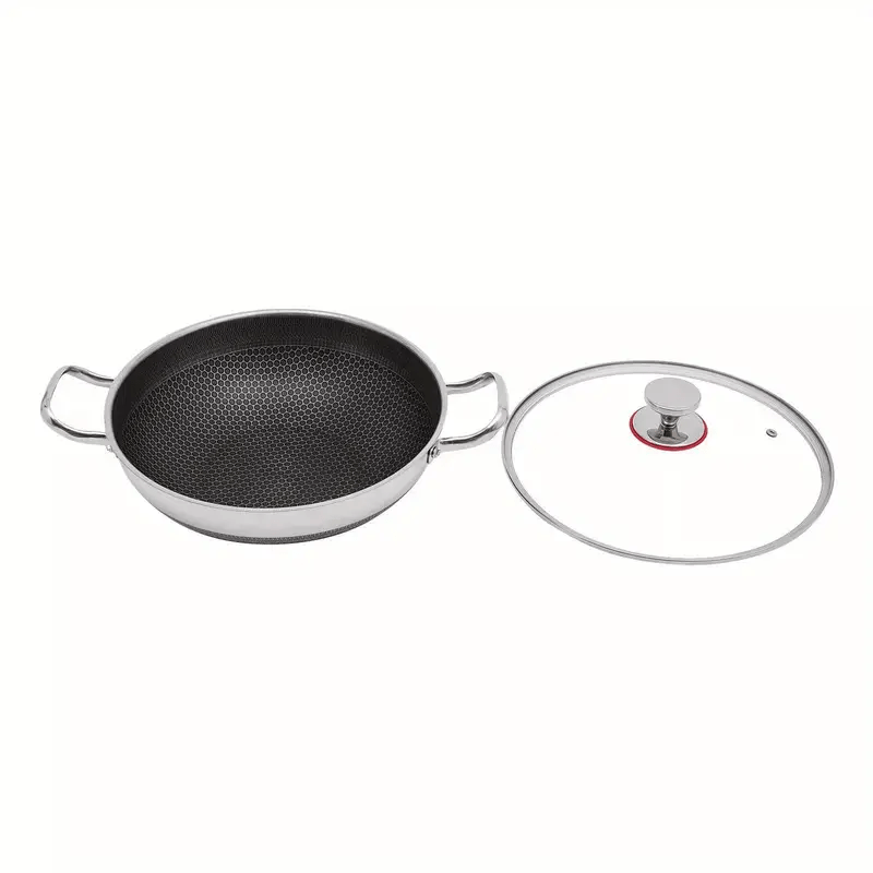 Stainless Steel Wok Pan with Honeycomb Design, Available in 32/34/36cm Sizes, Non-Stick, Low Smoke, Suitable for Induction & Gas Stoves, Food Contact Safe, Option to Include Lid or Not