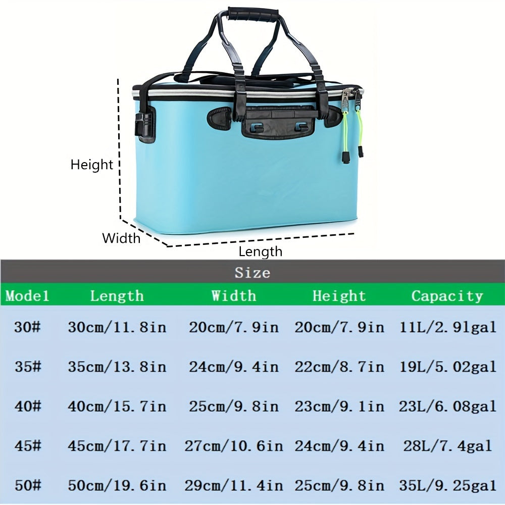 Compact EVA fishing gear bag with collapsible live fish bucket and tackle storage, waterproof and zip closure for camping.