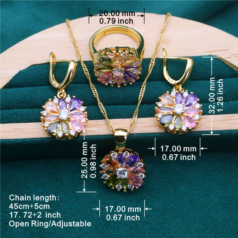 Stylish 5-piece Jewelry Set featuring Vibrant Cubic Zirconia - Complete with Bracelet, Earrings, Necklace & Adjustable Ring, Dazzling in 18K Gold Plating - Ideal for Special Occasions like Weddings, Celebrations & Holiday Presents.