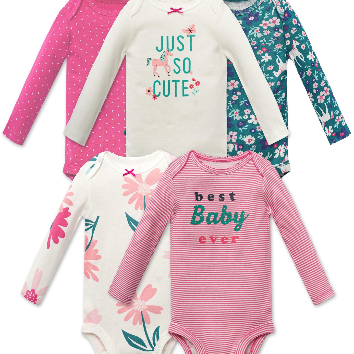 5 baby triangle bodysuits with cartoon pattern.