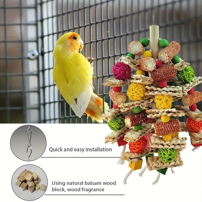 Colorful wooden swing toy with bell for small birds such as budgies, conures, lovebirds, and finches.