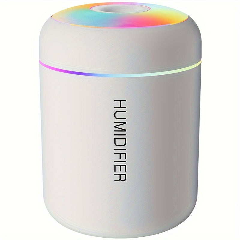 Compact USB-powered humidifier with 7-color LED lights, ideal for women to use in bedroom, car, home, and dorm.