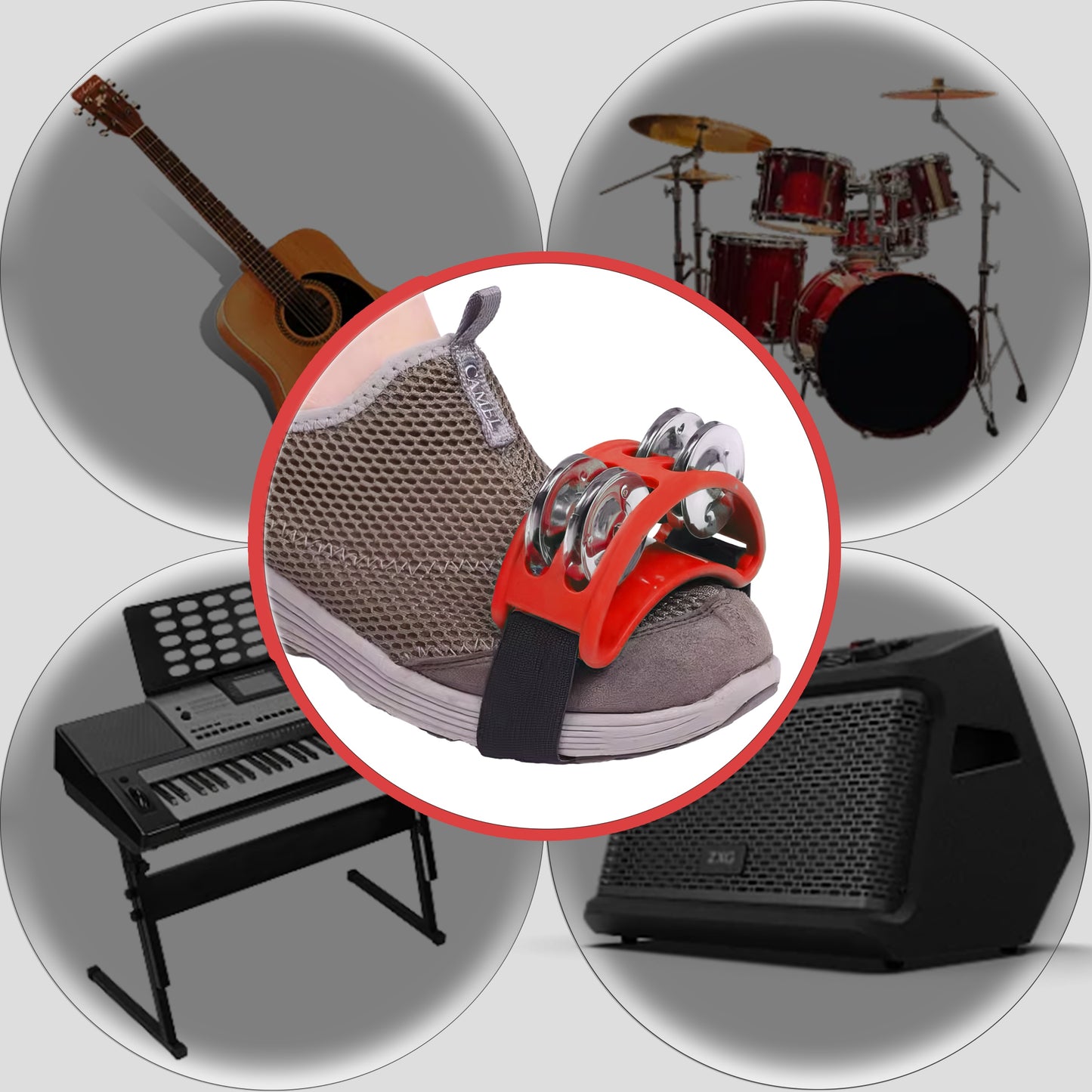 An assortment of percussion instruments including foot stepping bell, double row foot stepping rattle, box drum, bongo drum, African drum, card macro drum, rack drum, companion foot bell