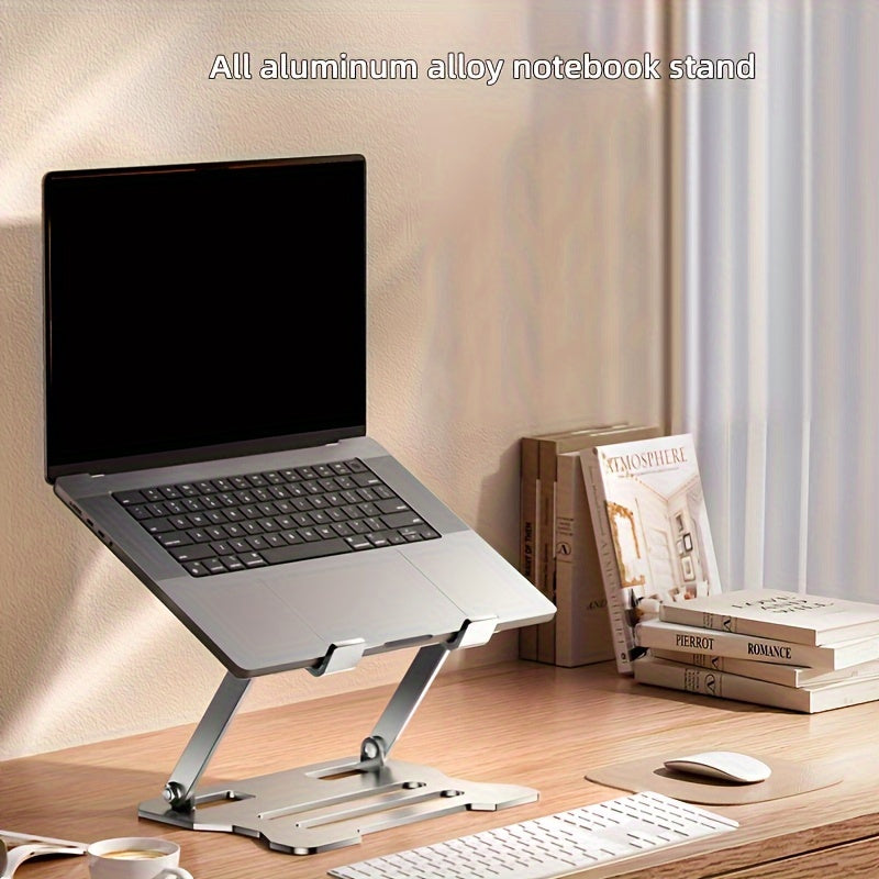 Adjustable laptop stand with ergonomic design, easily adjustable height, ultra-portable and foldable. Compatible with 10-16 inch laptops, made of durable carbon steel. Available in silver