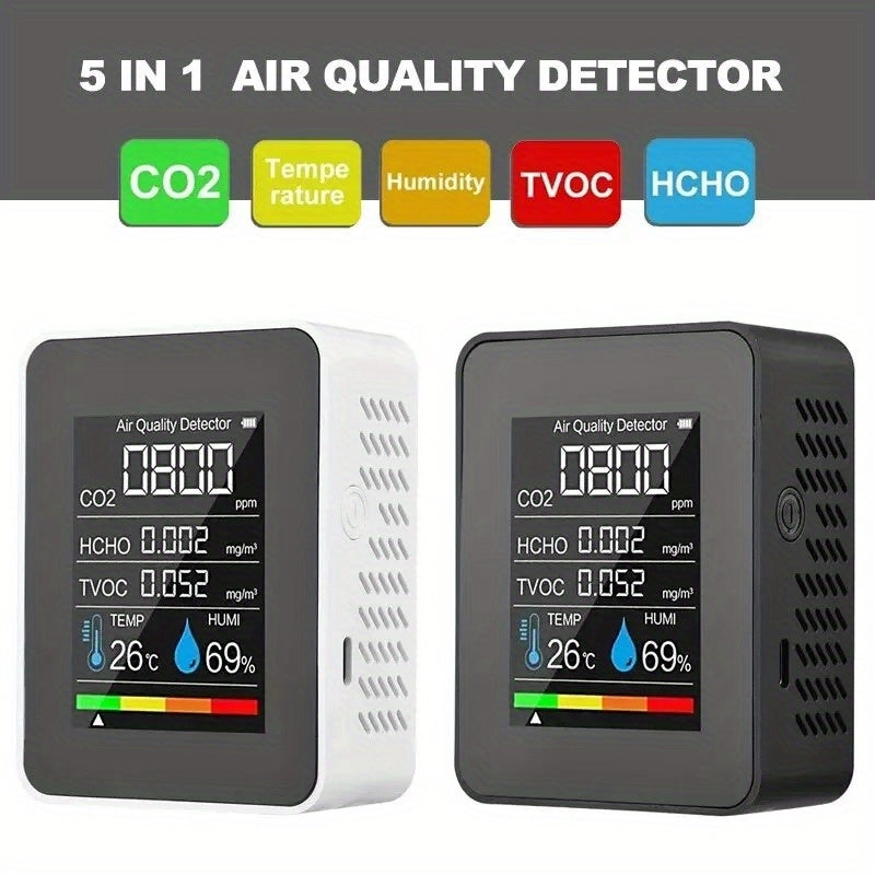 Portable CO2 detector with temperature, humidity, TVOC, and HCHO detection, rechargeable, suitable for travel and home use.