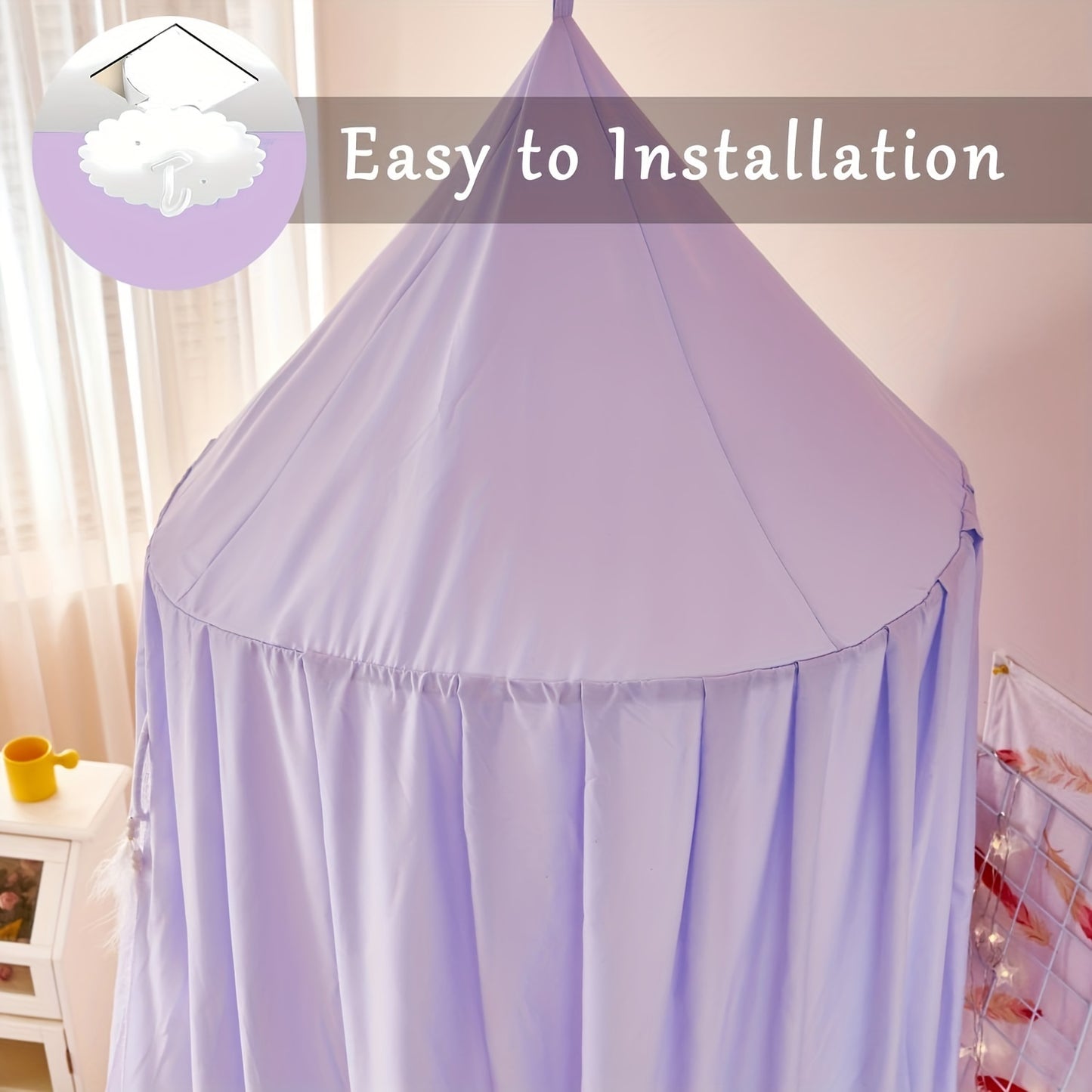 Princess style kids bed canopy made of soft polyester fabric, machine washable, dreamy mosquito netting. Perfect for a contemporary reading nook tent in a girls room. Indoor use, 100-120 gsm.