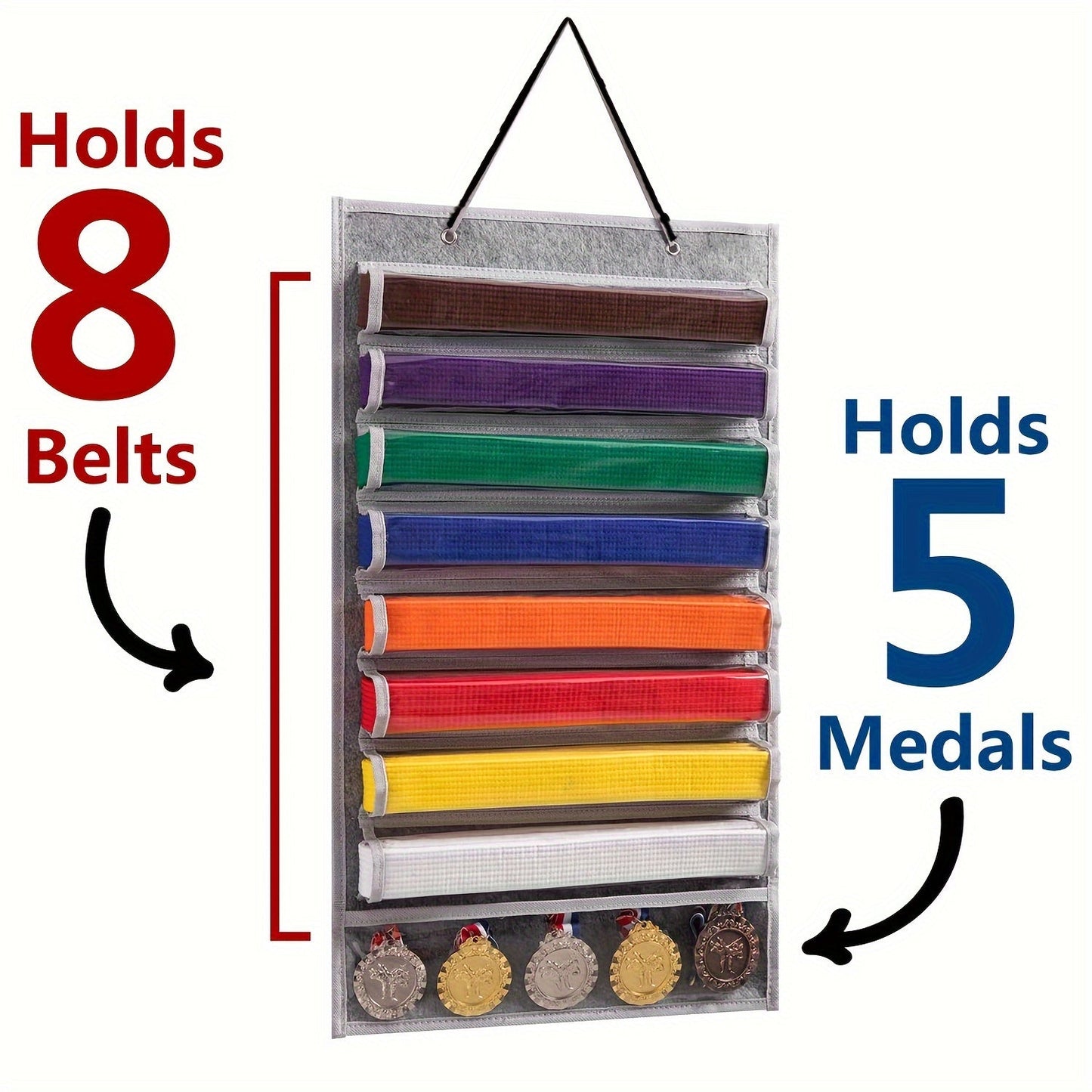 Display your martial arts belts and medals with pride on this durable felt organizer. With 9 clear pockets, this rack can hold up to 8 belts and 5 medals. Easy to install on your wall, this decorative piece is perfect for karate and taekwondo enthusiasts.