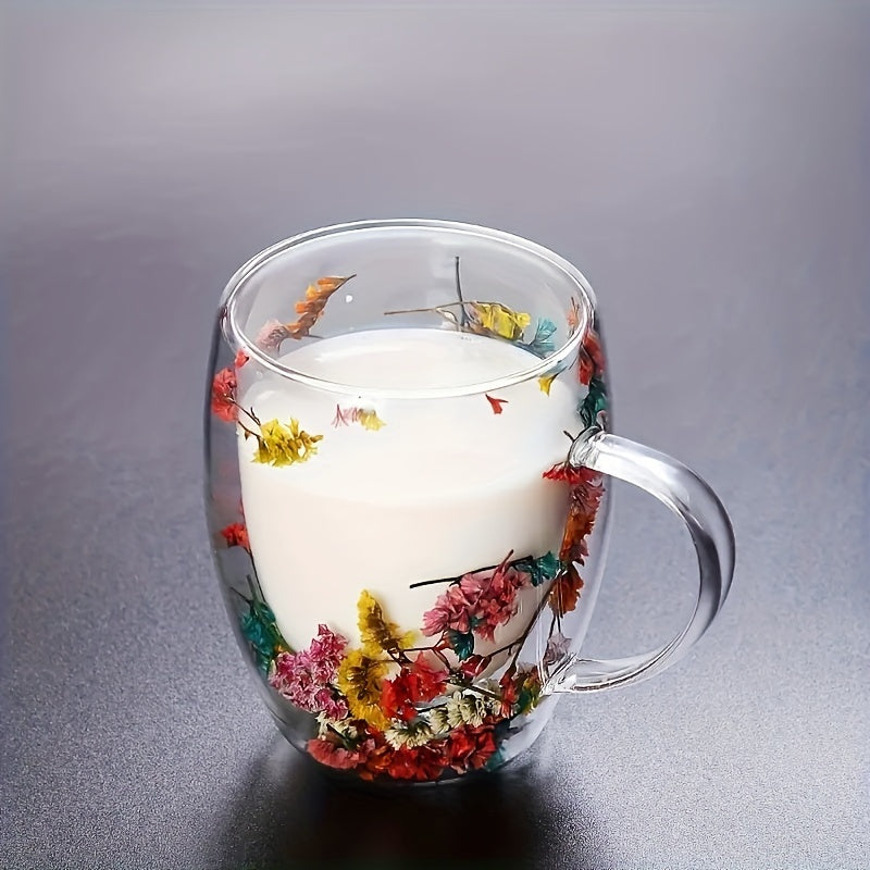 1 Elegant Floral Glass Coffee Mug, 11.83oz Double-Walled Cup with Colorful Flowers, Perfect Gift for Coffee Lovers