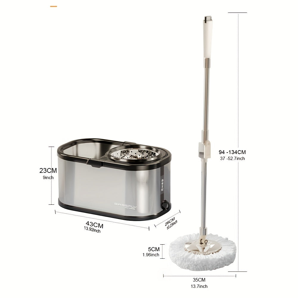 Household Spin Mop and Bucket Set with 2 Mop Pads, Rotating Floor Mop, Hands-Free Stainless Steel Mop for Dust Removal, Dry and Wet Use, Ideal for Home, Kitchen, and Bathroom Floor Cleaning Supplies