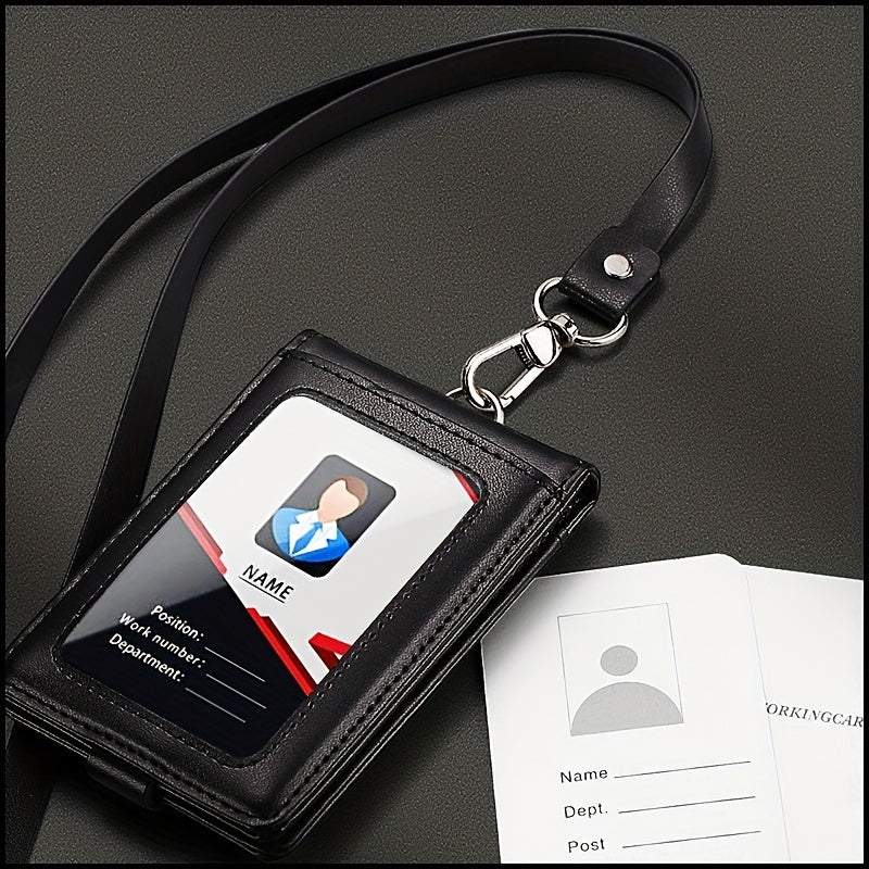 Leather ID card holder with lanyard, 5 card slots, PU leather, English text, formal business accessory.