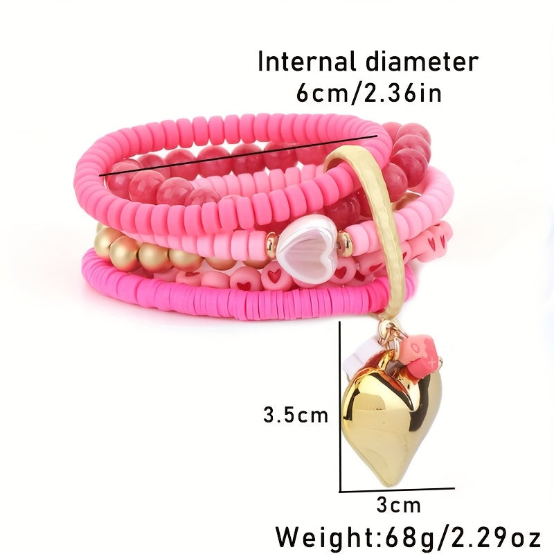 Introducing a versatile Bohemian-style bracelet made of multi-layered pink resin beads, ideal for women looking to elevate their Valentine's Day fashion. Adorned with charming heart inlays, this accessory can be worn for both casual and special