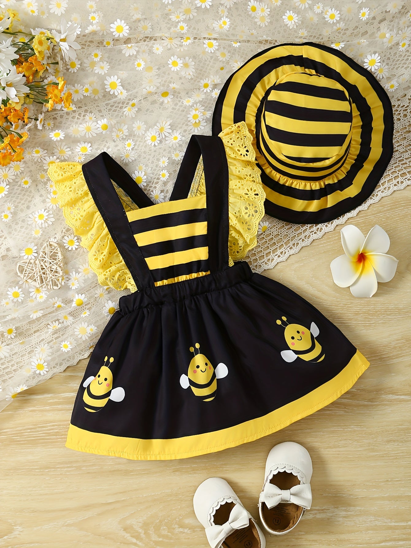 2pc Bee & Ladybug Themed Summer Dress Set for Girls - Striped, Ruffle-Trimmed with Matching Sun Hat, Polyester, Machine Washable