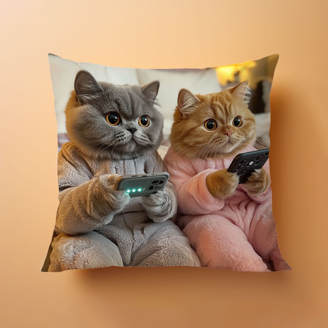 1pc Playful Cats with Phones Cushion Cover, 45x45cm, Single-Sided Print, Peach Skin Velvet, Contemporary Style, Polyester, Zipper Closure, Machine Washable, Sofa Pillow Case