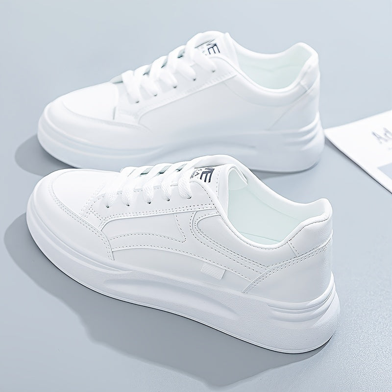 Height increasing lace-up platform skate shoes for women in white, suitable for outdoor walking and available in plus sizes.