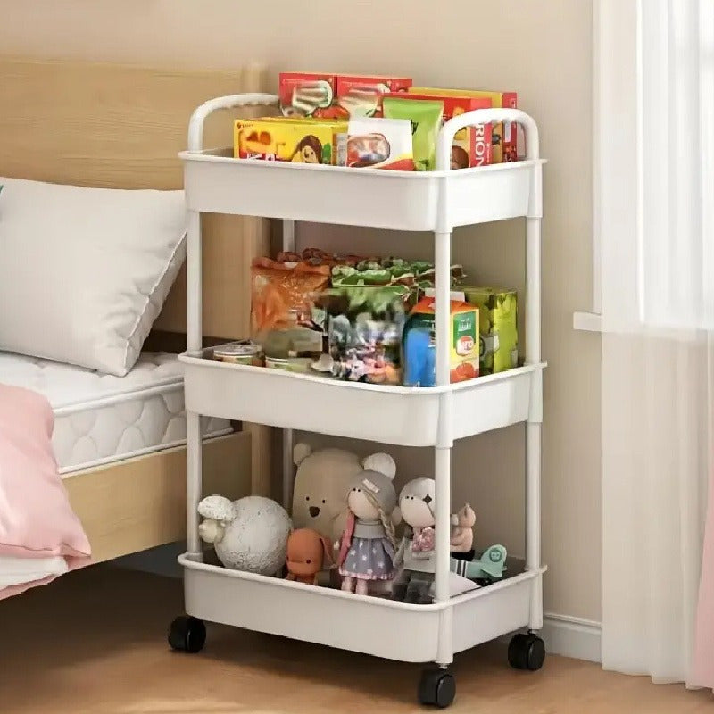 Versatile White Rolling Storage Cart with Wheels - 3-Tier Organizer for Kitchen, Bedroom, Bathroom & Beyond - Simple Assembly, Sturdy Plastic with Multi-Functional Shelves for Snacks, Books, and Supplies