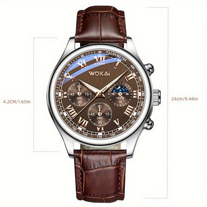 WOKAI Men's Casual Quartz Watch with Faux Leather Strap and Round Dial. This fashionable business wristwatch features a non-waterproof electronic drive and comes in a plastic case. Perfect for gifting.