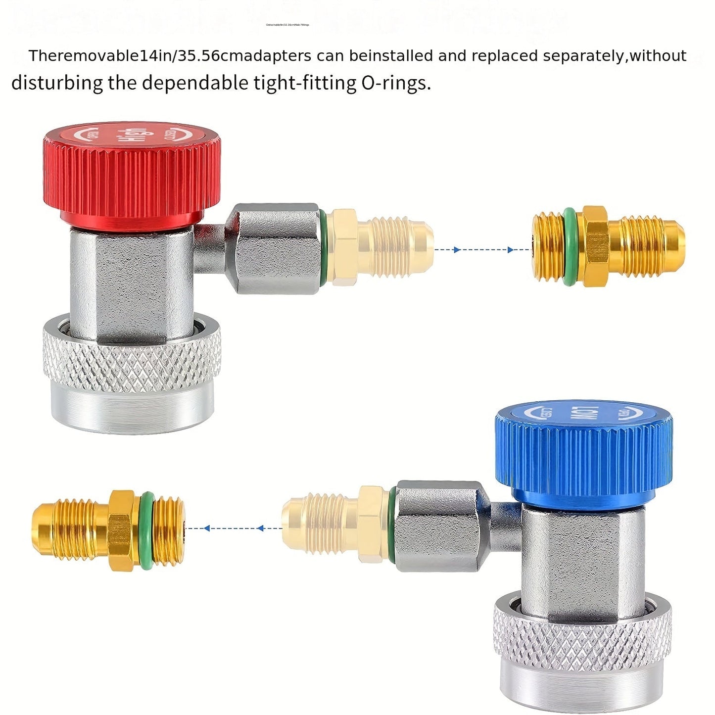 1 dona Huazu R134a tez ulanish adapterlari to'plami - oddiy avtomobil AC tizimini bo'shatish, qayta to'ldirish va texnik xizmat ko'rsatish uchun yuqori va past bosim ulanishlarini o'z ichiga oladi.