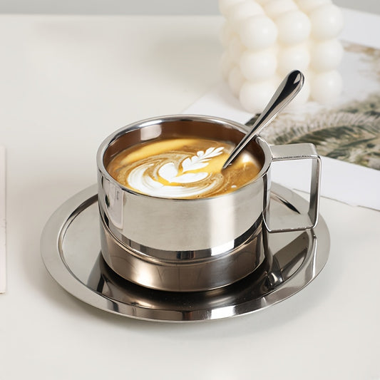 Stainless steel coffee cup and saucer set suitable for home or office, perfect for cappuccinos, lattes, mochas, and tea.