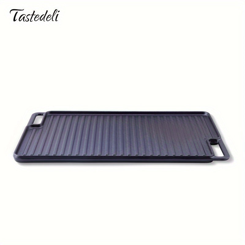 Introducing the Tastedeli 45.72x25.4cm Pre-Seasoned Cast Iron Double Grill/Griddle! Ideal for Outdoor Camping, Picnics & BBQs - TASTEDELI