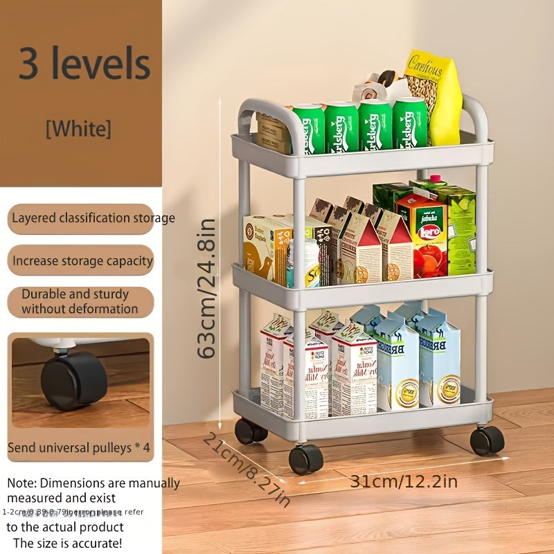 Multi-layer white plastic storage cart for kitchen, bathroom, and bedroom essentials. Can also be used as a snack or bedside storage rack.