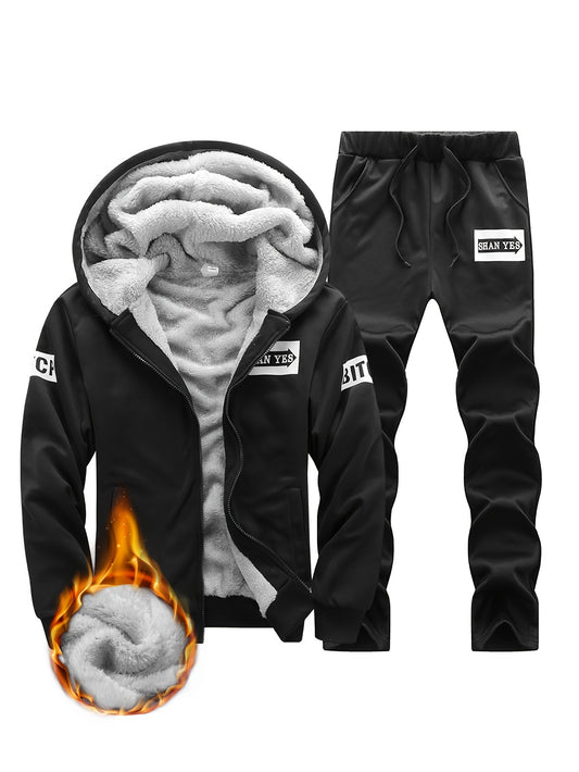 Men's winter fleece-lined hooded jacket and joggers set for a warm, thick, and stylish athletic outfit.