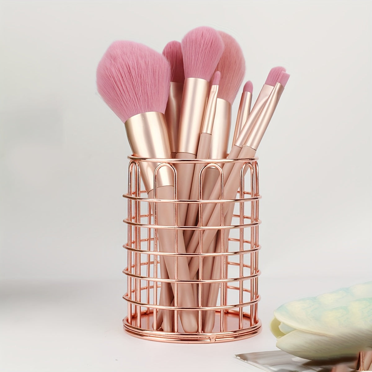 Golden Iron Makeup Brush Holder with Polished Finish, Rust Resistant, Multi-functional Desktop Organizer