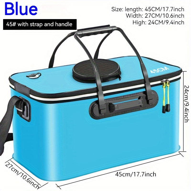 Compact EVA fishing gear bag with collapsible live fish bucket and tackle storage, waterproof and zip closure for camping.