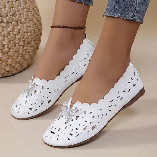 All-season flat shoes for women with diamond butterfly detail, round toe hollow design, lightweight and breathable construction. Features a flexible rubber sole, soft microfiber insole