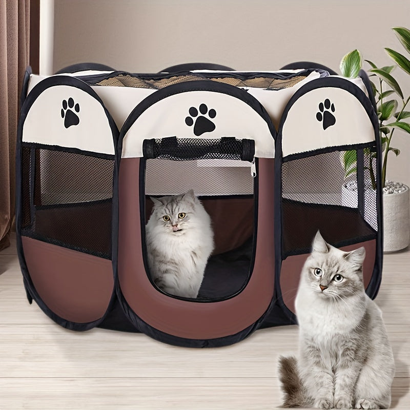 Portable foldable pet playpen with carrying case, collapsible travel bowl, water resistant shade cover for indoor/outdoor use.