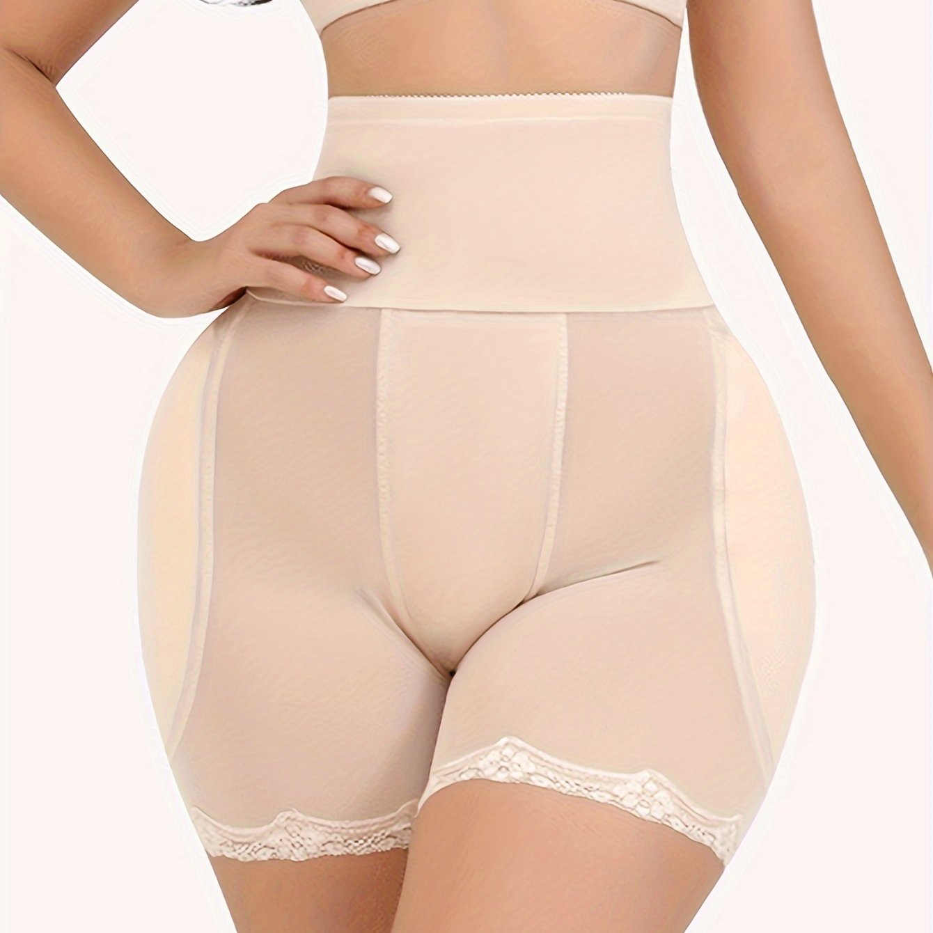 Lace trim shaping shorts for women with tummy control and butt lifting features.