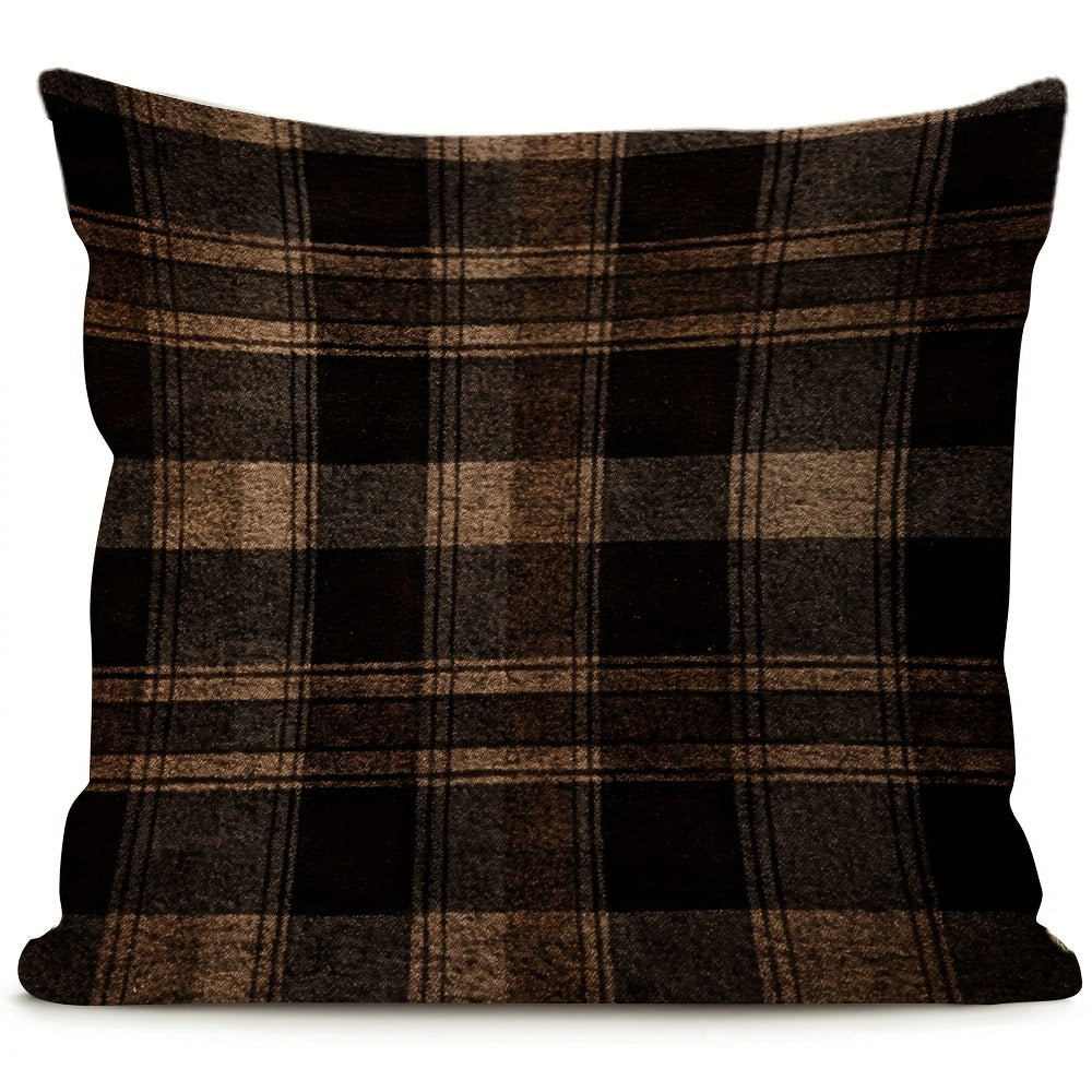 Stylish Dark Brown Plaid Pillow Cover featuring Two Designs - Convenient Hidden Zipper, Easy-to-Clean Polyester Fabric - Ideal for Adding Charm to Your Sofa, Office Chair, or Farmhouse Theme.