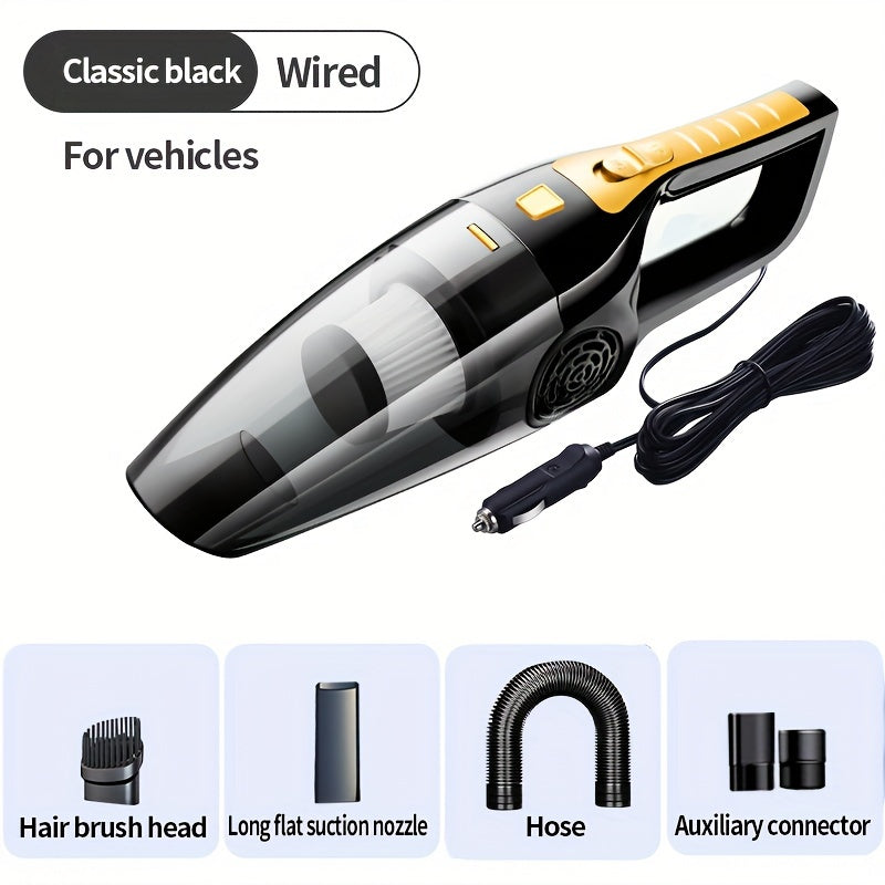 Handheld car vacuum cleaner with 5m cord, 4KPa suction power, 100W, 0.3L dust cup, car plug, one-click dusting, flat nozzle, 60dB noise level - no battery needed.