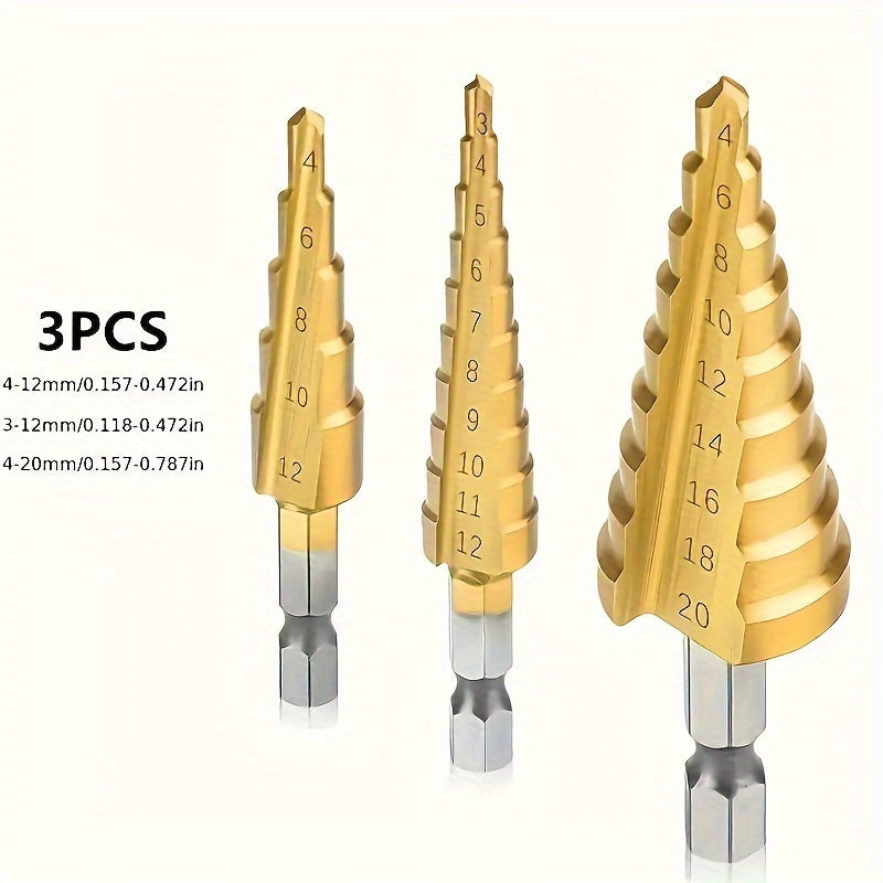 3-piece titanium-coated HSS step drill bit set for precise hole drilling in wood and metal.