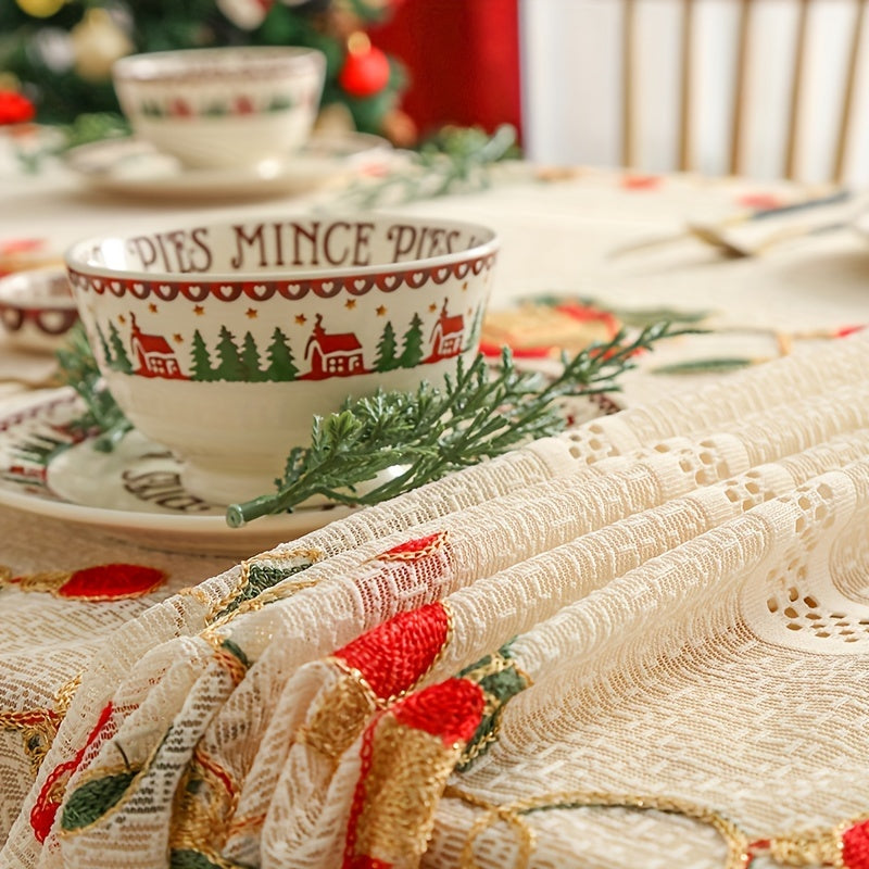 Red bell floral tablecloth, perfect for festive Christmas dining and kitchen decor. Made of square polyester and machine-woven.