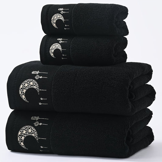 A set of 2 pure cotton velvet towels with star and moon embroidery in sizes 34*75cm and 70*140cm. Perfect for couples as a Valentine's Day gift or for general home use. Includes a washcloth and a beach/bath wrap.