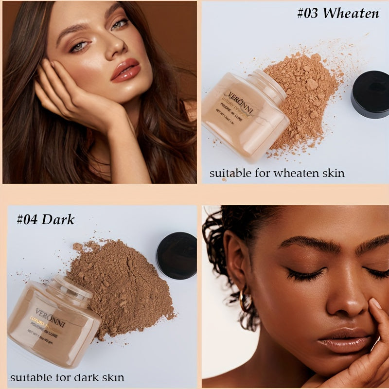 Oil control loose face powder sets foundation makeup with brush for a long-lasting, shine-free matte finish.